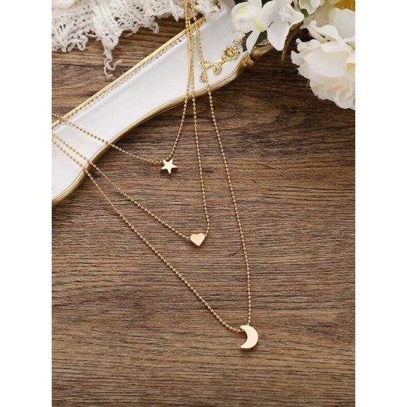 Gold Multilayer Pendant Necklace Moon Star Heart Celestial Goddess Boho Bohemian - Picture 3 of 7